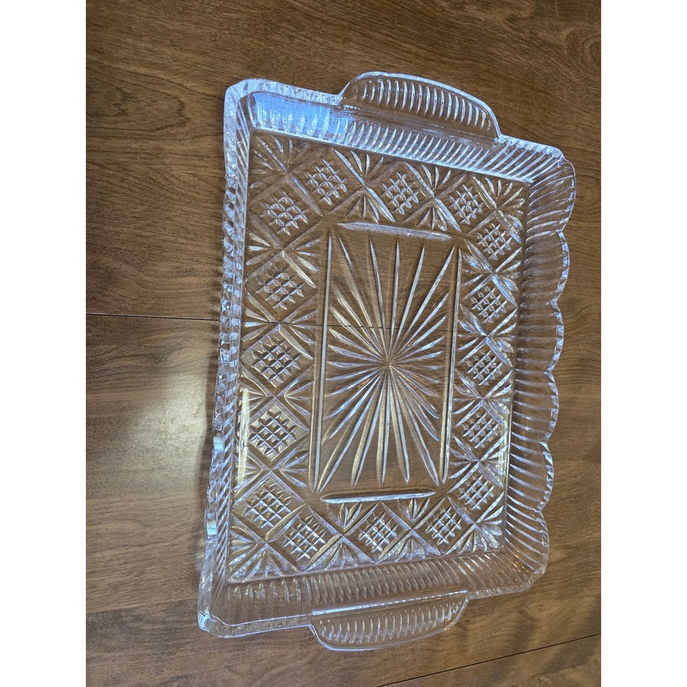 Vintage Clear Pressed Glass Rectangular Serving Tray Starburst Scalloped 13.5in